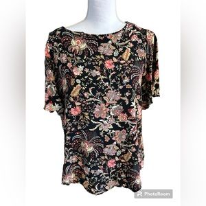 H & M black/multi color print short flouncing sleeve blouse.  SZ 10.